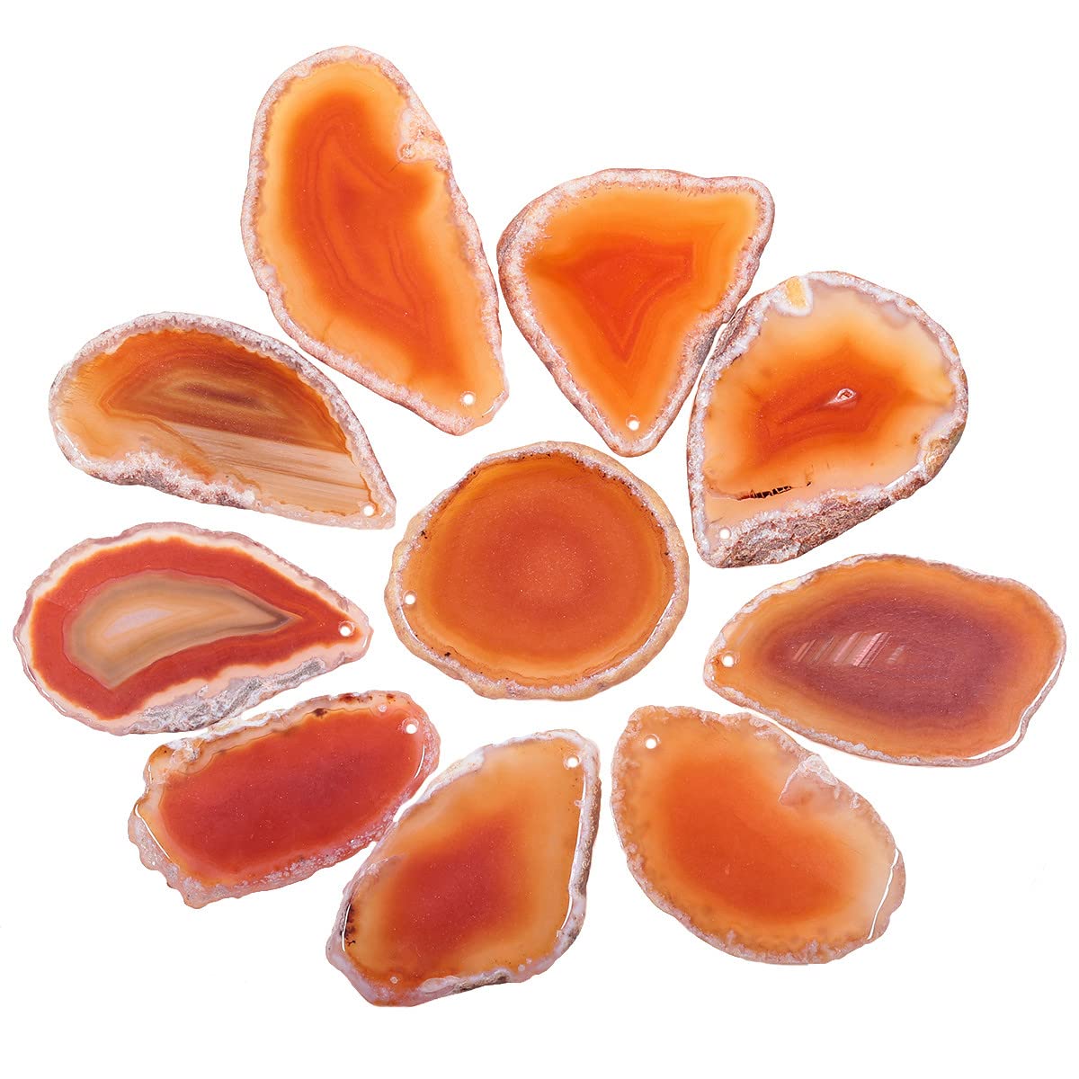 Nupuyai 10pcs Orange Red Top Drilled Agate Slices, Irregular Polished Geode Agate Stone Pendant for Jewellery Making DIY Artwork, Slab Name Place Cards Set