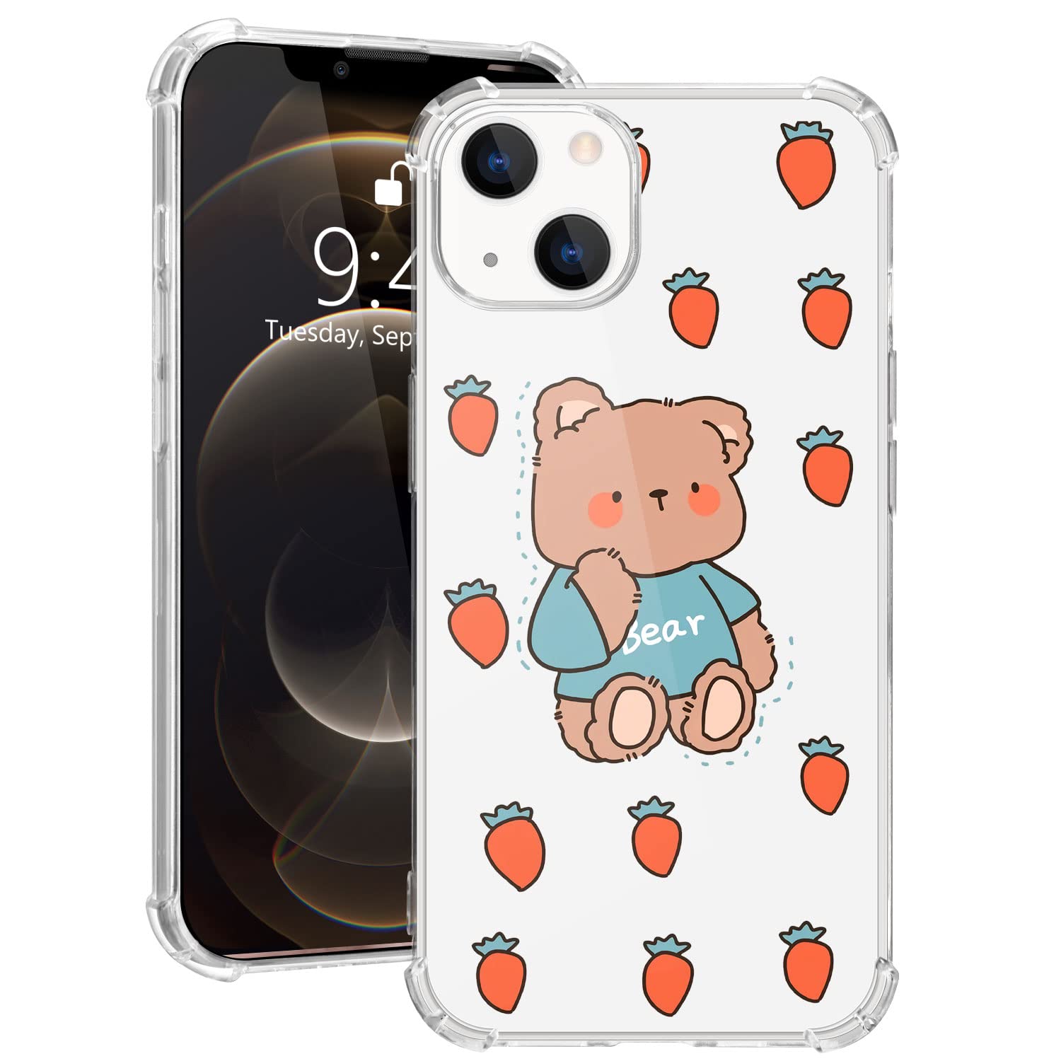 MAYCARI for iPhone 12 Protective Case Cute Girls Bear Painting, Clear Girly Design Transparent Shockproof Anti-Scratch Soft Flexible TPU Cover with Air Cushion for iPhone 12(iPhone 12 Phone Case)