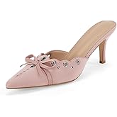 Coutgo Women's Bow Tie Mule Heels Pointed Toe Studded Backless Stilettos Slip On Dress Pump Shoes