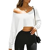 Fisoew Womens Off The Shoulder Cropped Tops Batwing Long Sleeve Loose Fit Summer Boat Neck Workout T Shirts