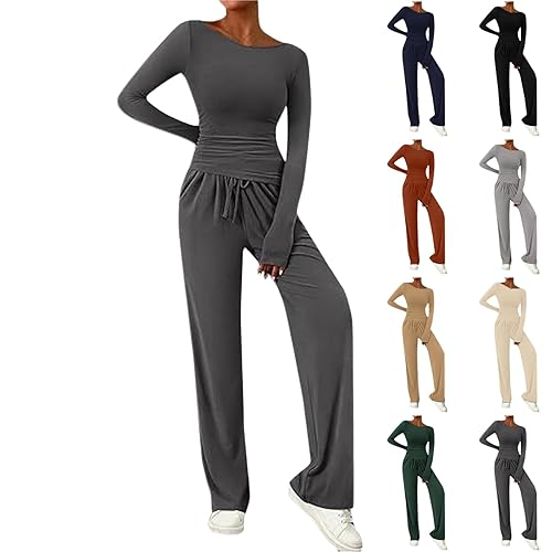 Lounge Wear Sets for Women UK 2 Piece Tracksuit Fitted Loungewear Plain Outfits Long Sleeve Pyjamas Set Crewneck Tops Wide Leg Joggers Casual Comfy Homewear