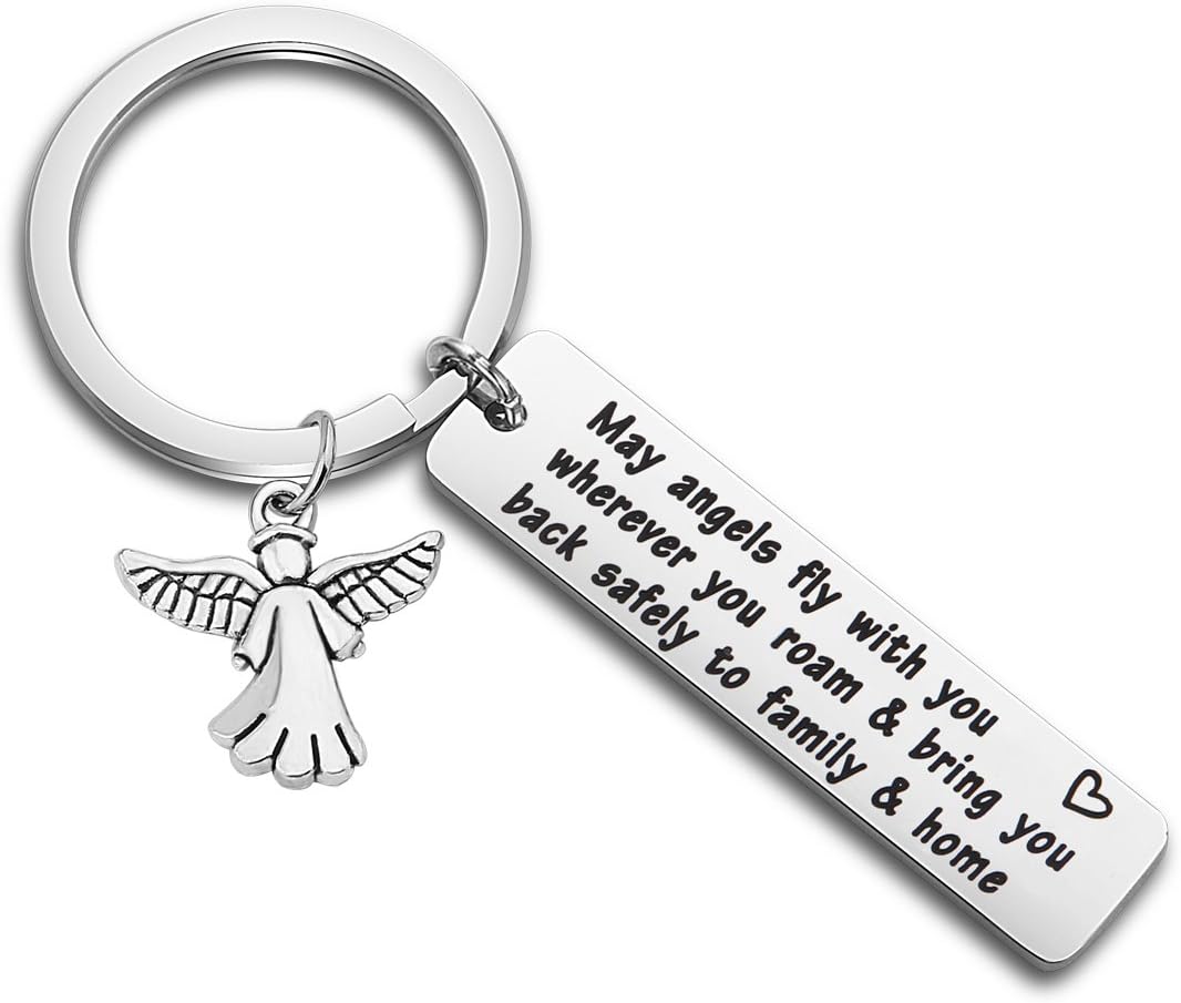 WUSUANED Traveller Keychain Gift May Angels Fly with You Wherever You Roam Bring You Back Safely to Family and Home