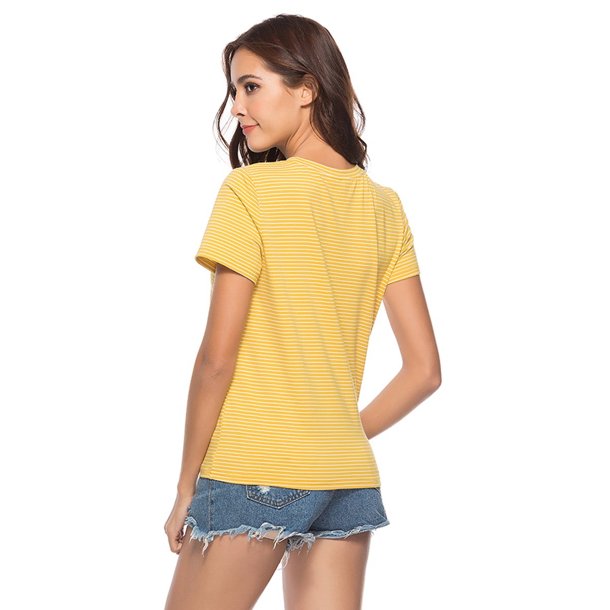 Plusnuolee Womens Short Sleeve Round Neck Sports Striped T-Shirt Casual Loose Blouse Tee Top (L, Yellow)