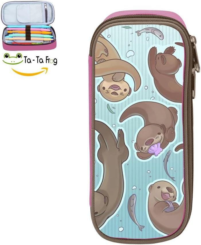 Custom Animal Otters Pencil Case - Big Capacity Double Zipper Multifunctional Pink Stationery Bag For Kids