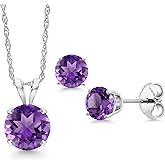 Gem Stone King 14K White Gold Purple Amethyst Pendant Earrings Jewelry Set For Women | 1.50 Cttw | Gemstone February Birthstone | Round 6MM | with 18 Inch Chain