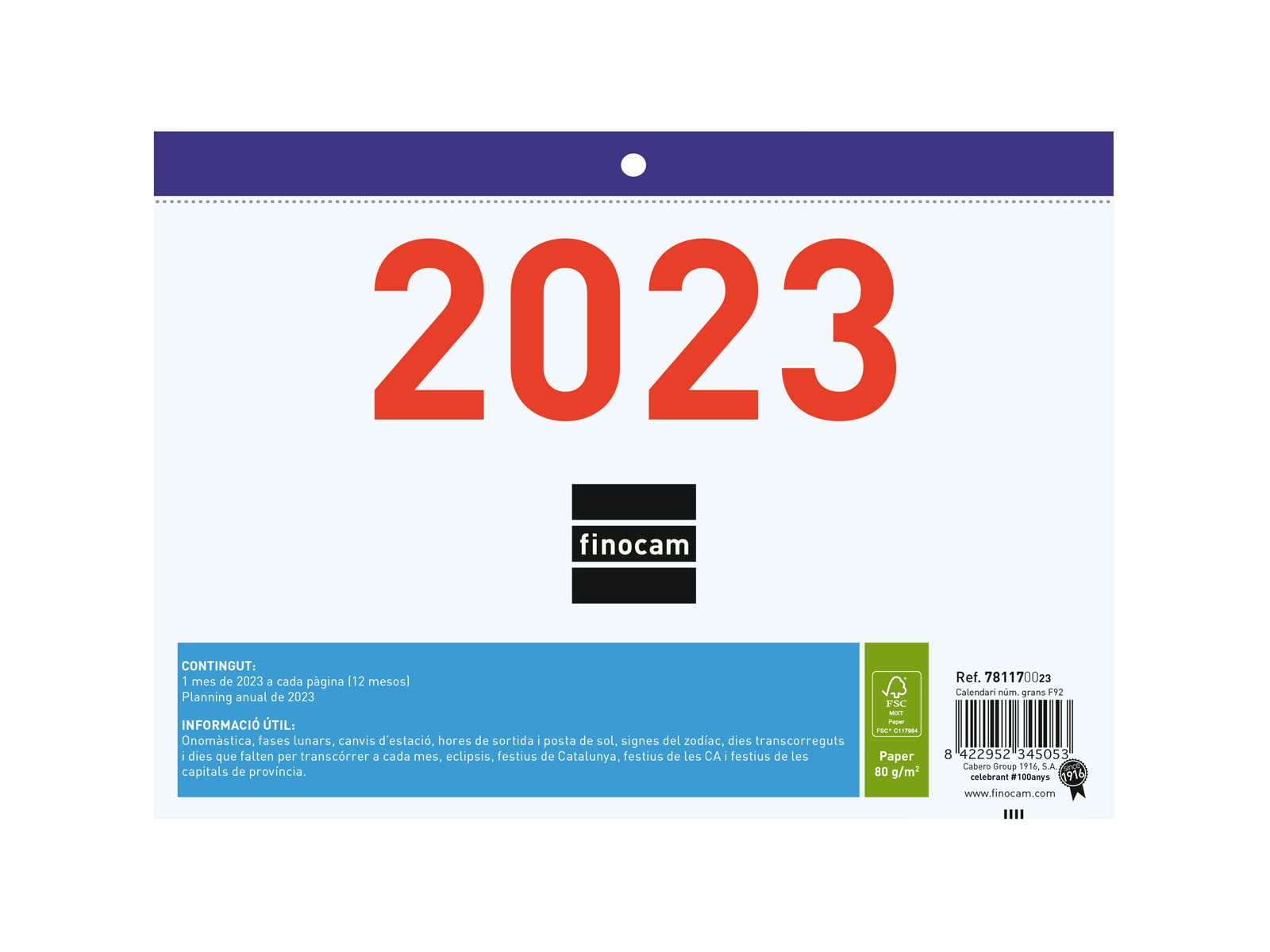 Finocam - Faldilla Calendar 2023 Large Numbers January 2023 - December 2023 (12 months) Catalan
