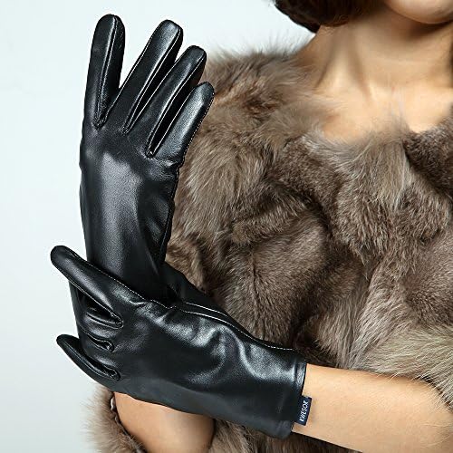 Kwesor Womens Winter Warm&amp;soft Import Goatskin Leather Gloves (M(7"-7 1/2"), Black-Touch Screen(Entire Hand)Five Star)