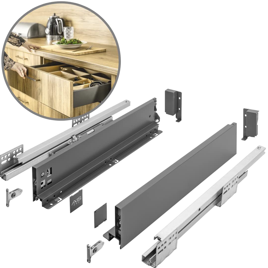 GTV AXIS PRO Drawer System I Drawer Set with Full Extension and Integrated Damping I Anthracite I Load Capacity up to 40 kg I Soft-Close I Free Access I Width 350 mm I Height 86 mm