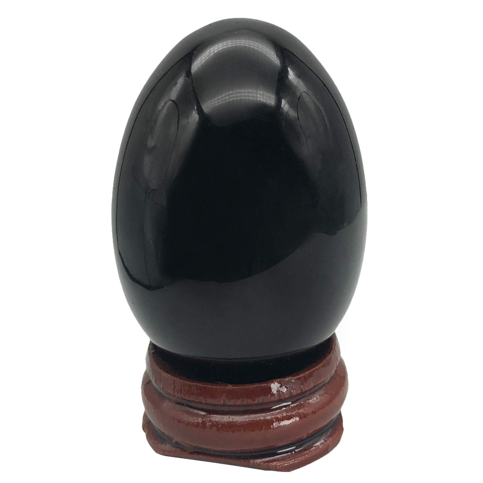 Ladeukoi Stone Egg Figurine, Polished Healing Crystal Easter Eggs Sphere Sculpture with Wood Stand, Natural Black Obsidian, 1.8"