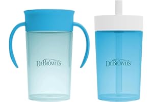 Dr. Brown's Milestones Straw to 360° Cup Set, Convertible Toddler Training Cup Set with Interchangeable Silicone Straw and 360 Degree Cup Lids, Blue Ocean, 10 oz/300 mL, BPA Free, 9m+, 2 Pack