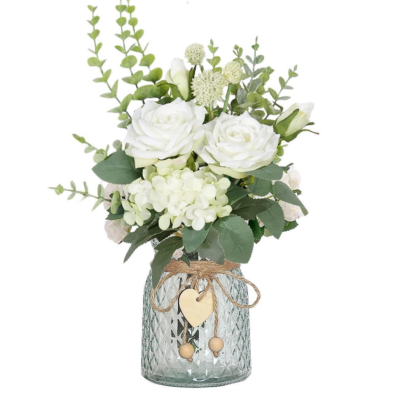 YELIKIT Artificial Fake Flowers Plant with Vase, Faux Silk Roses Floral Hydrangea Bouquet in Vase, Table Centerpiece Decorations Wedding Bouquets for Party Office Farmhouse Kitchen Home Decor, White — image 1