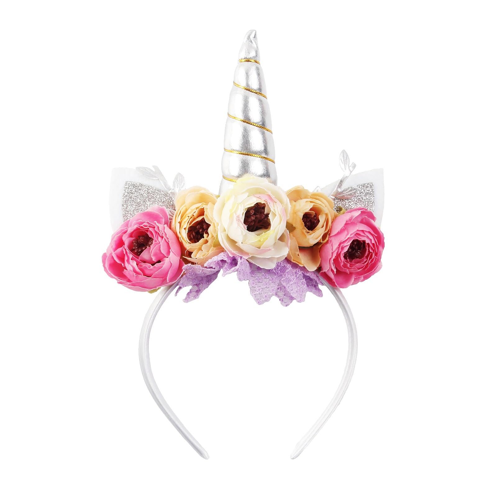 Nishine Girls Glitter Unicorn Horn Headband Camellia Pony Head Band Flower Hair Band Tiara for Party Birthday Gift (Silver&Pink)