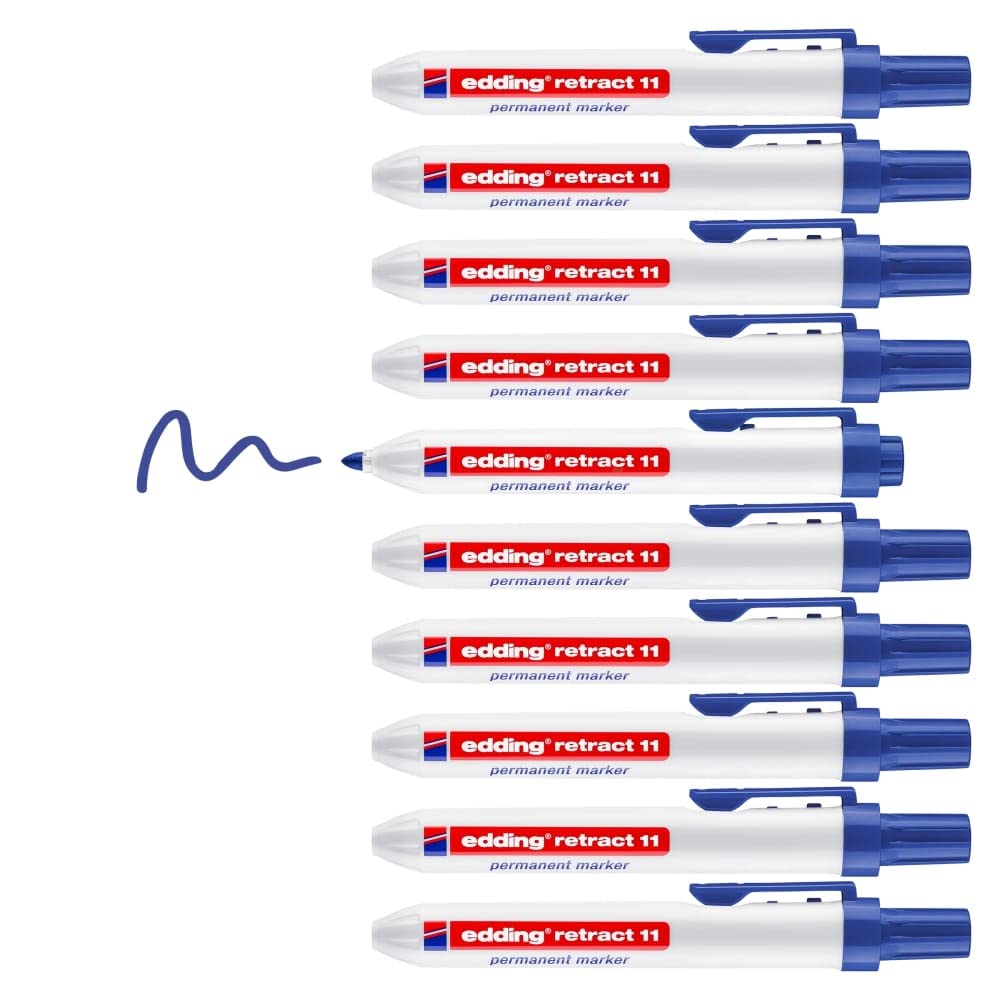 edding retract 11 permanent marker - blue - box of 10 - bullet nib 1.5-3 nm - waterproof, quick-drying - permanent marker for easy single-handed operation - for cardboard, plastic, wood, metal, glass