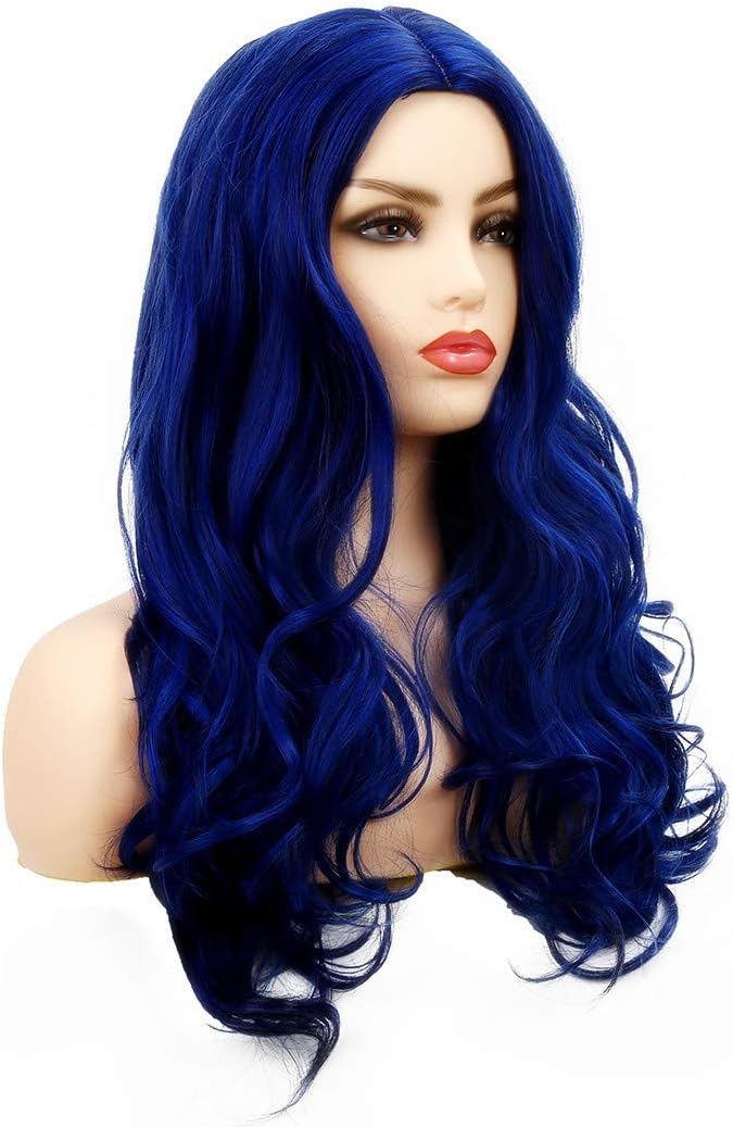 Long Blue Wigs for Women Curly Wavy Synthetic Hair Wigs Heat Resistant Cosplay Halloween Costume Party (Dark Blue) - Image 4
