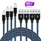 Lightning Cable,UPMSX iPhone Cable 4Pack 3FT 6FT 6FT 10FT to USB Syncing and Charging Cable Data Nylon Braided Cord Charger for iPhone 8/8 Plus 7/7 Plus/6/6 Plus/6s/6s Plus and More (Black&Blue)