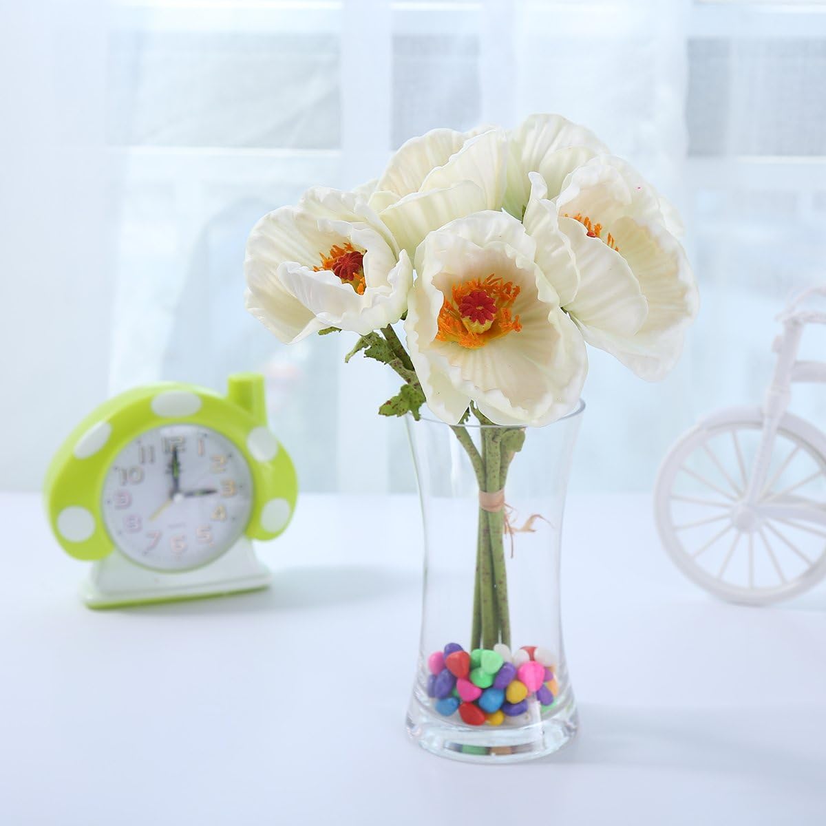 WELMAY 5 Head PU Latex Corn Poppy 11'' Real Touch Wedding Decoration Bridal Bouquet Flower (Cream)