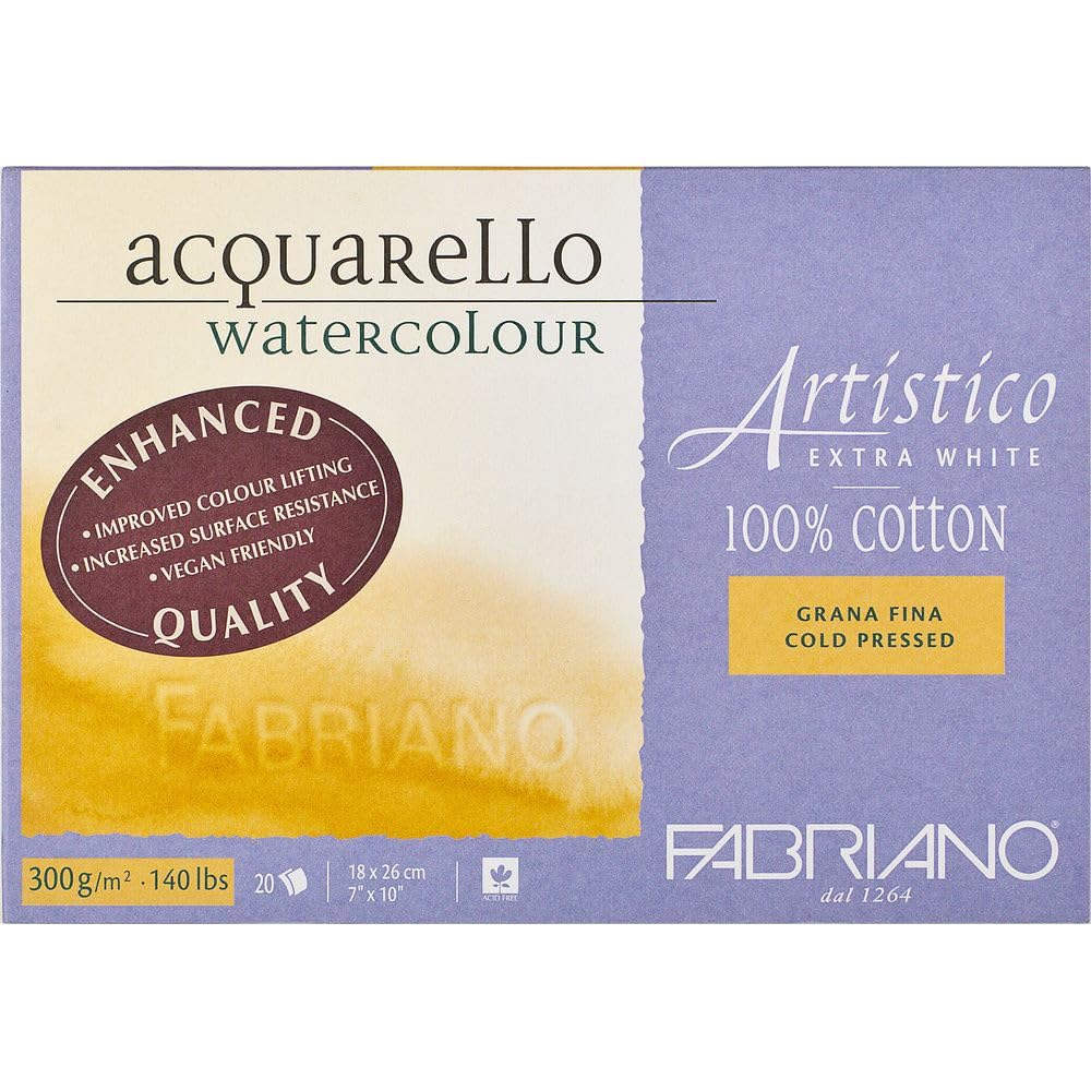 Fabriano Artistico Acquarello Watercolour, Extra White, Fine Grain Cold Pressed, 18 x 26 cm, 20 Sheets 300 g/m², High-Quality Artist Watercolour Cardboard, Glued on 4 Sides, Vegan