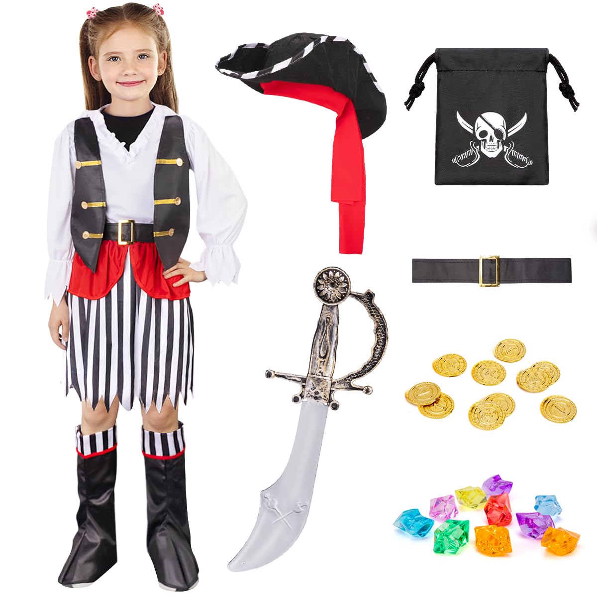 MELAND Pirate Costume Kids, Boys Girls Dress Up with Pirate Hat, Boot-covers for Kids Aged 3 to 10, Fancy Dress for Kids&Toddlers World Book Day Costumes (White, M(5-6 Years))