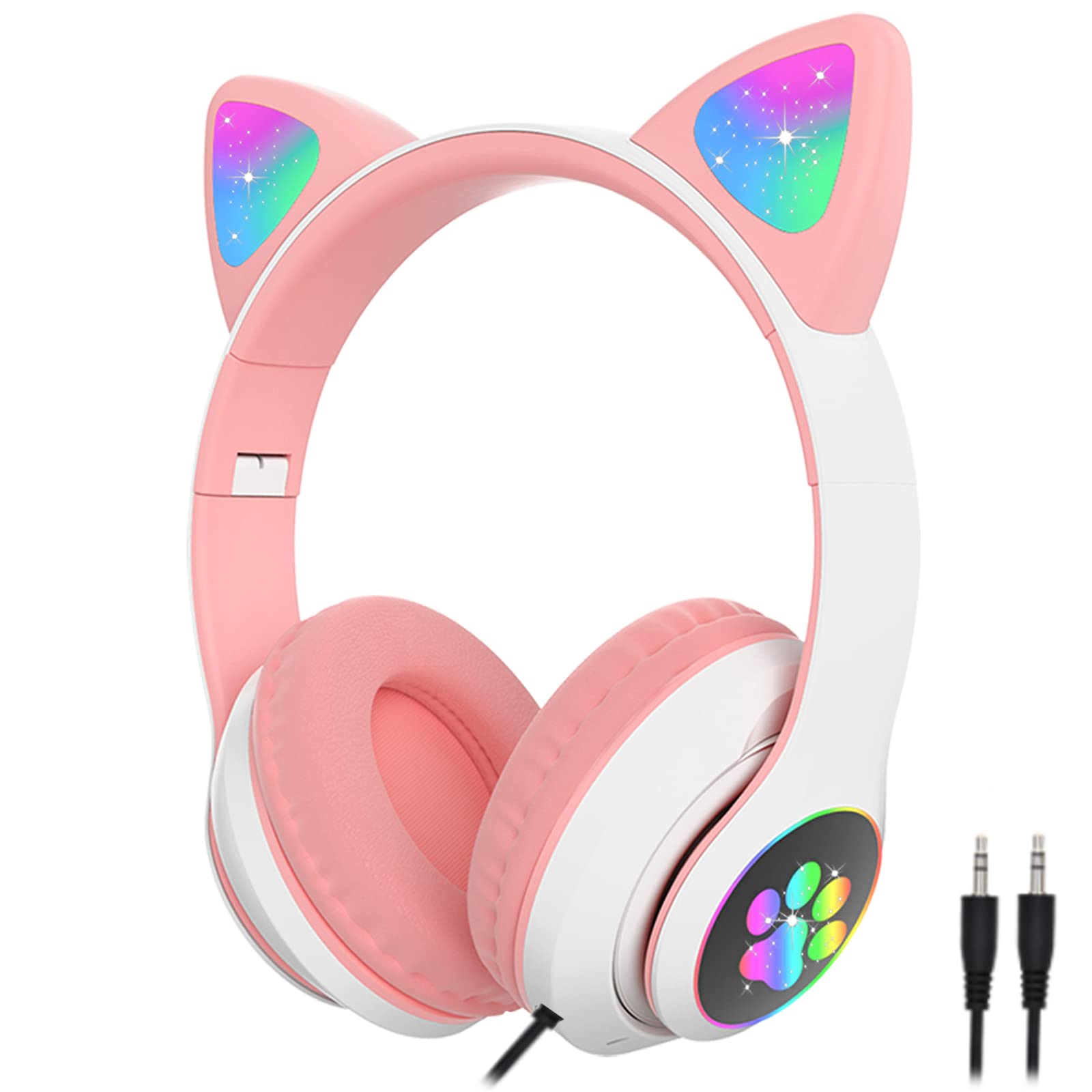 arVin Wireless Headphones for Kids Adults, Bluetooth Earphone Over Ear Cute Cat Ear with Flashing Lights Built-in Mic for Kids Girls Boys (White)