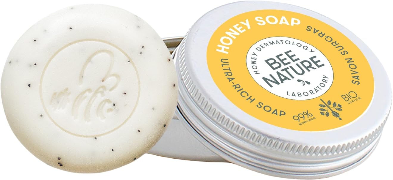 Bee Nature - 2 in 1 Organic Honey Soap Bar - Cleanses Moisturizes - Travel Soap with Aluminum Soap Case - 100% Biodegradable - Honey and Sweet Almond Scent - Suitable for All Skin Types - 100g — image 1