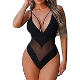 ChiaoLezhee Sexy One Piece Monokini for Women, Cheeky High Leg Deep-V Neck Swimsuits, Strappy Mesh Low-Back Bathing Suit