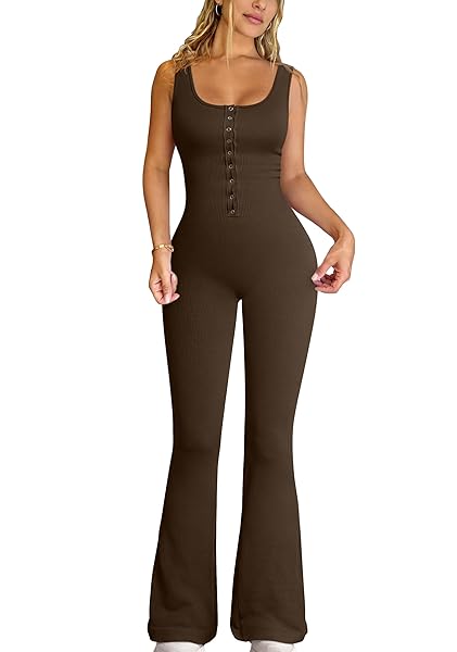 OQQ JUMPSUITS FOR WOMEN RIBBED SQUARE NECK SLEEVELESS SEXY STRETCH FLARE JUMPSUITS DARKBROWN