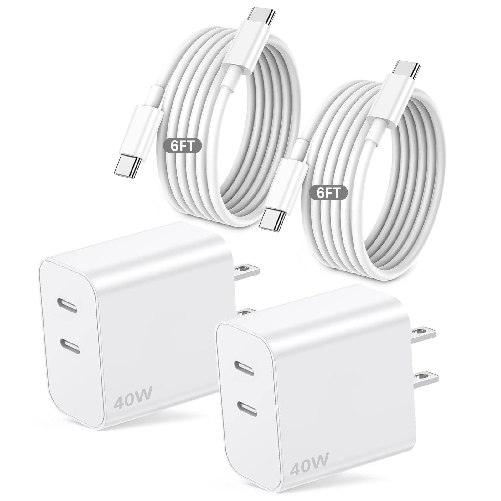 40W iPhone 17 Charger Fast Charging,2Pack Dual Port USB C Wall Charging Block with 6FT USB C to USB C Cable Cord for iPhone 17 Pro Max/17 Pro/17/Air/16 Pro Max/16 Plus/16e/15/iPad Pro/Air/Mini Image
