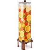 FillTouch 1 Pack 5 Gallon Glass Drink Dispenser with Acacia Wood Stand and Lid, Large Glass Beverage Dispenser with Spigot Perfect for Juice, Tea, Sangria, Lemonade, Weddings, Party, Outdoor Events