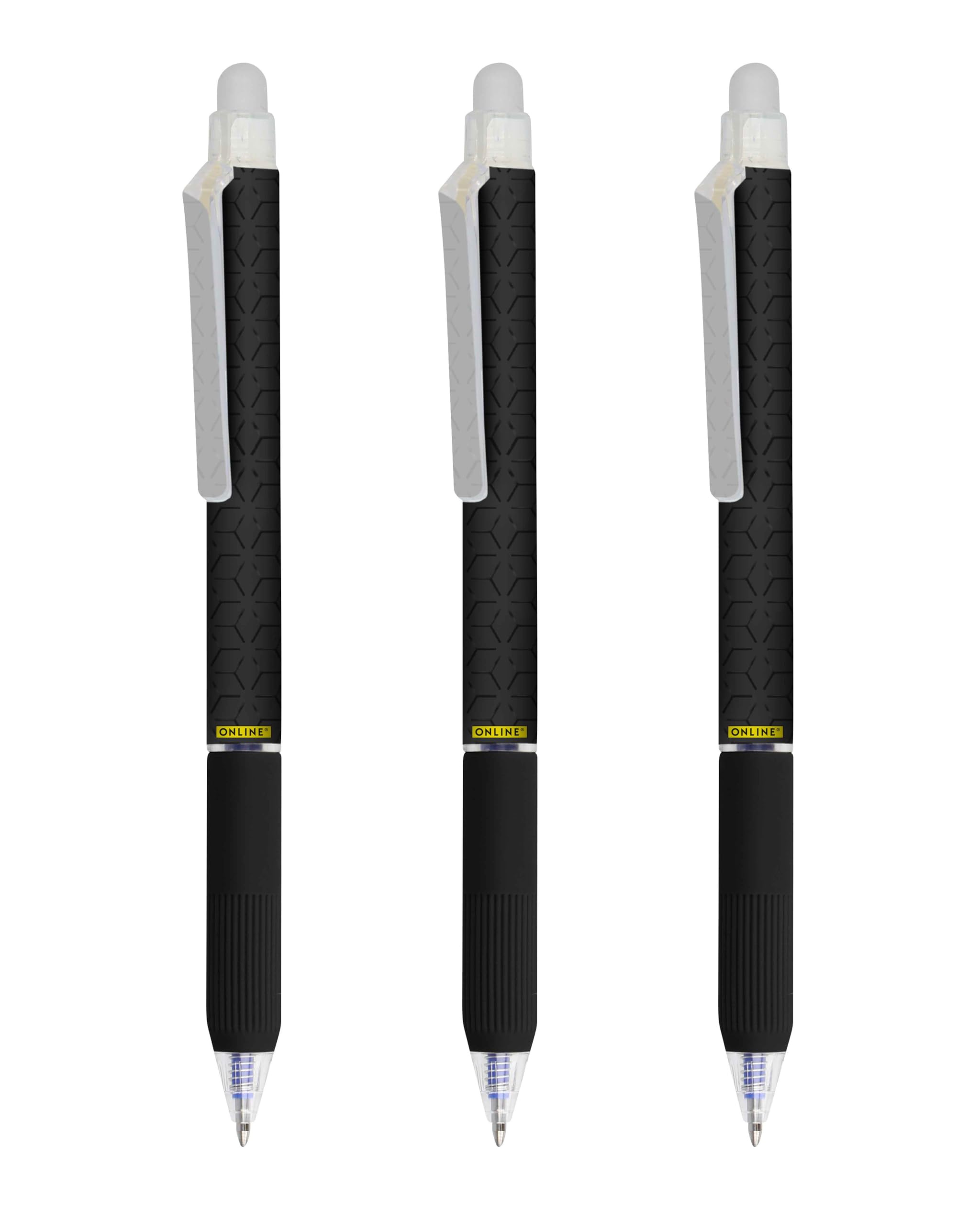 Online magiXX, 3 x Erasable Gel Pens, Blue Erasable with 0.7 mm Line Width, Rollerball Pen for Learning to Write, Office, Erasable Pen Set, Erasable Ballpoint Pen for Students