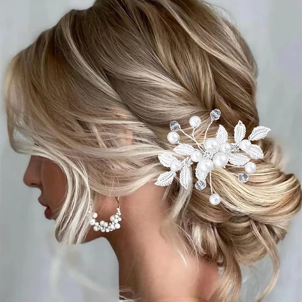 ISLHJDD 4 Pcs Bridal Hair Pins Pearl Hair Pins Pearl Floral Crystal Hair Accessories Wedding Hair Accessories for Brides Bridesmaids Flower Girls(Silver)