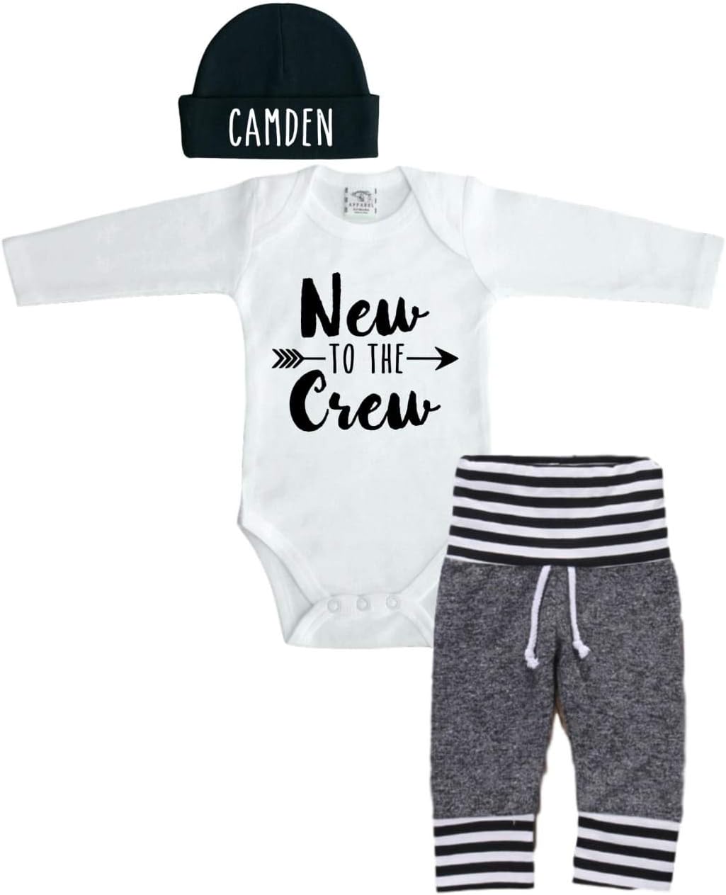 Personalized 0-3 Month Bodysuit with Beanie and Pants. Newborn Baby Outfit