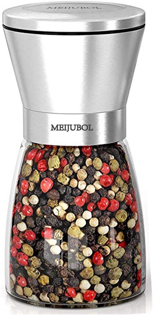 MEIJUBOL Salz und Pfeffermühle (5.5"x 2.5") mit Einstellbarer Keramikmühle und Edelstahlmühle für Gewürze Pfeffer Salz und Chili
