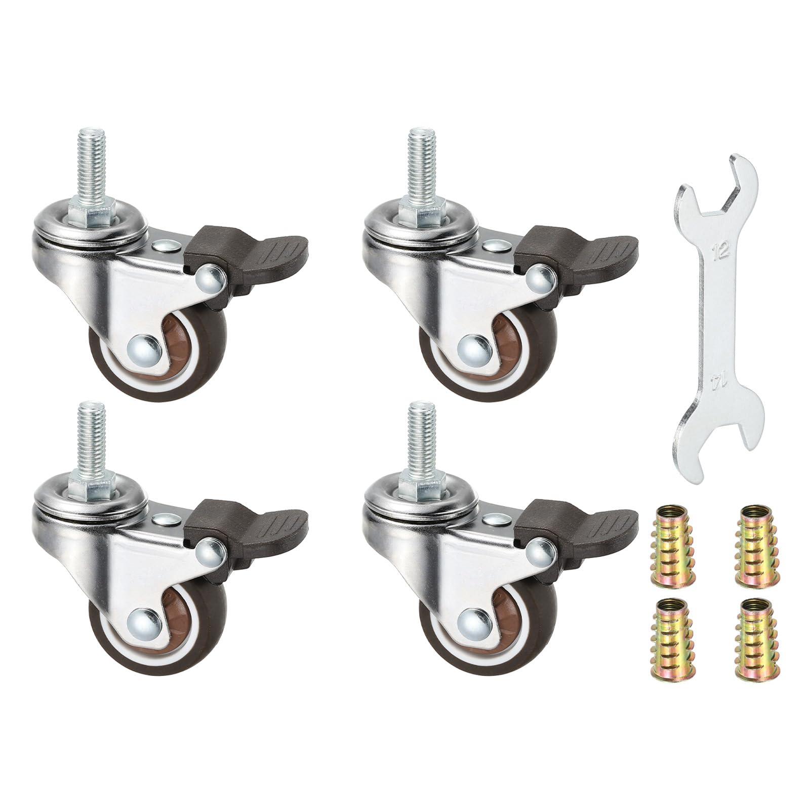 PATIKIL 1.5 Inch Swivel Caster Wheels with Brake, 4Pcs M8x20mm Threaded Stem Casters Load Capacity 198 Lbs with Tool Set for Furniture Trolley Cart, Brown