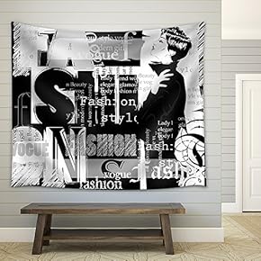 Vintage Fashion Background. Letters, Words and Stylish Girl - Fabric Wall Tapestry Home Decor - 51x60 inches