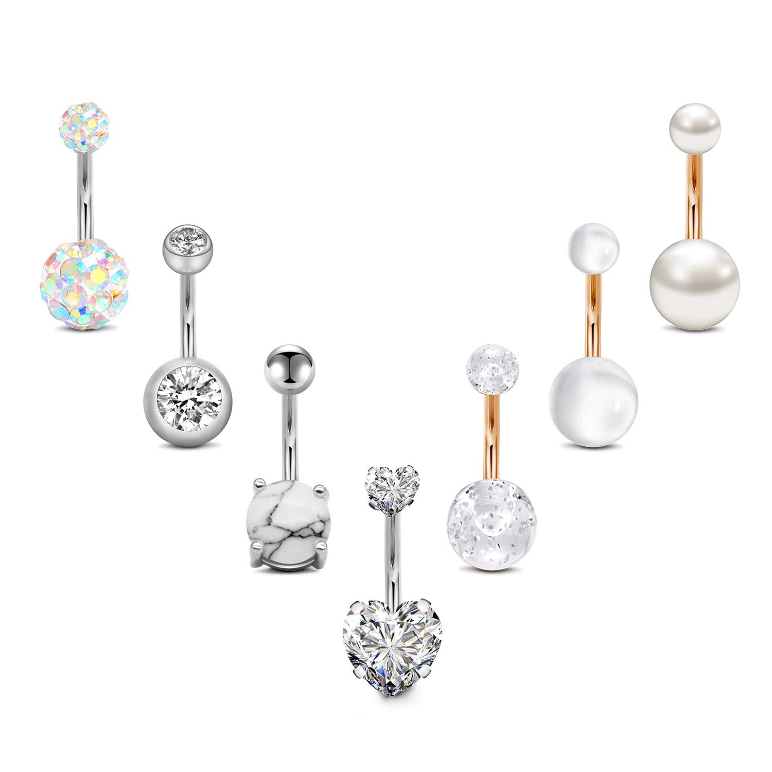 Mayhoop 7Pcs 14G 10mm Belly Bar Surgical Steel Heart Shape Diamond Pearl Marble Belly Button Rings Women