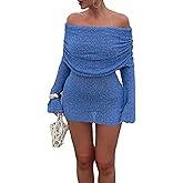 LETSVDO Women's Off Shoulder Mini Dress Bodycon Long Sleeve Knit Crochet Sexy Party Sweater Dresses