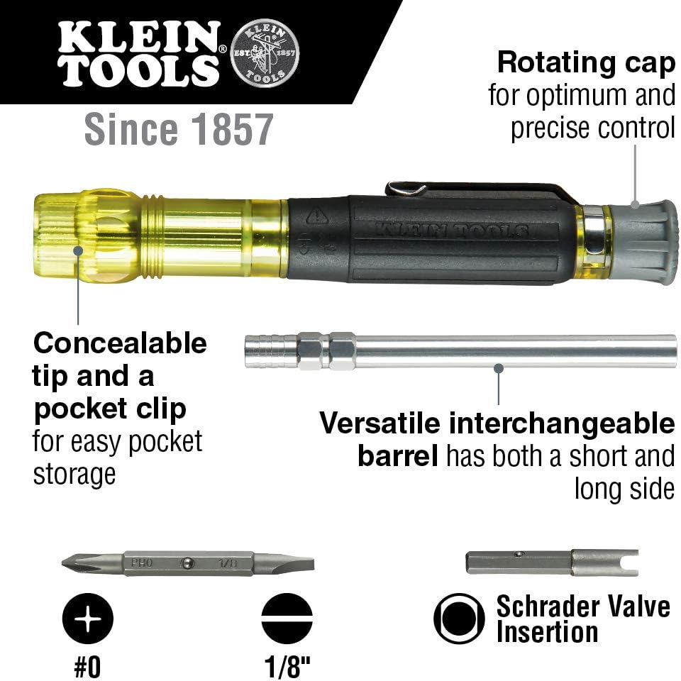 Klein Tools 32614 Multi-bit Precision Screwdriver Set, 4-in-1 Electronics Pocket Screwdriver, Professional Phillips and Slotted Bits - - 
