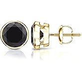 18k Gold Round Black Diamond Bezel Stud Earrings (1/2-4 ct, Black) Screw-Back