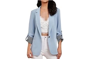 SHOPESSA Rolled Up Sleeve Blazers for Women Single Breasted Coat Women Loose Fitting Suit Coat with Notch Collar