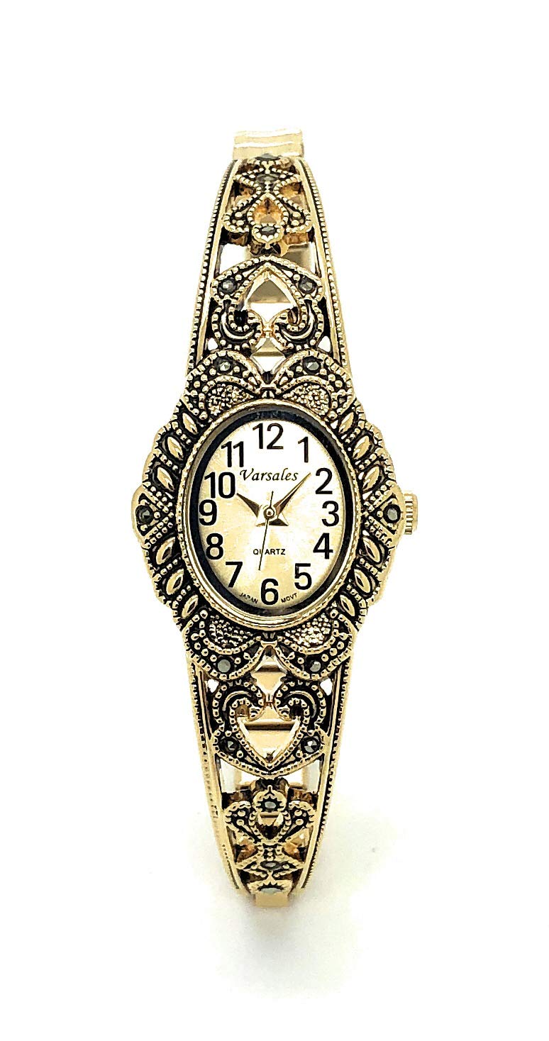 VERSALES Ladies Elegant Oval Marcasite Stretch Elastic Band Fashion Watch Varsales, Gold, bracelet