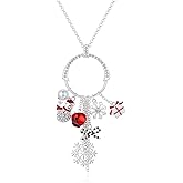 RareLove Cute Christmas Sweater Long Tassel Circle Pendant Necklace For Women Silver Plated CZ Crystal Rhinestone Jingle Bell Snowflake Snowman Bow Holiday For Her