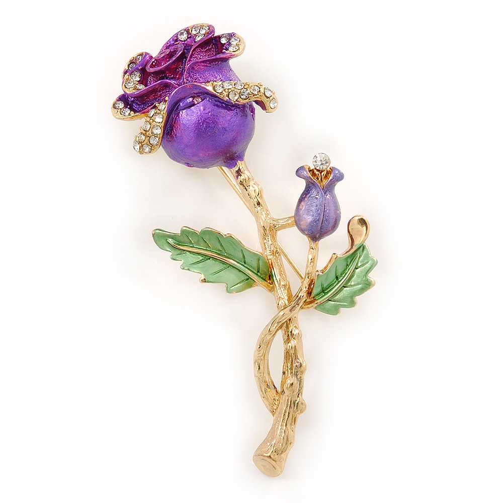 Romantic Purple/Green Enamel, Crystal Rose Brooch In Gold Plating - 65mm L