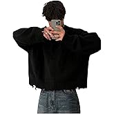 BEAUDRM Men's Grunge Y2k Ripped Sweaters Crew Neck Long Sleeve Knit Baggy Pullover Tops Casual Jumper Knitwear