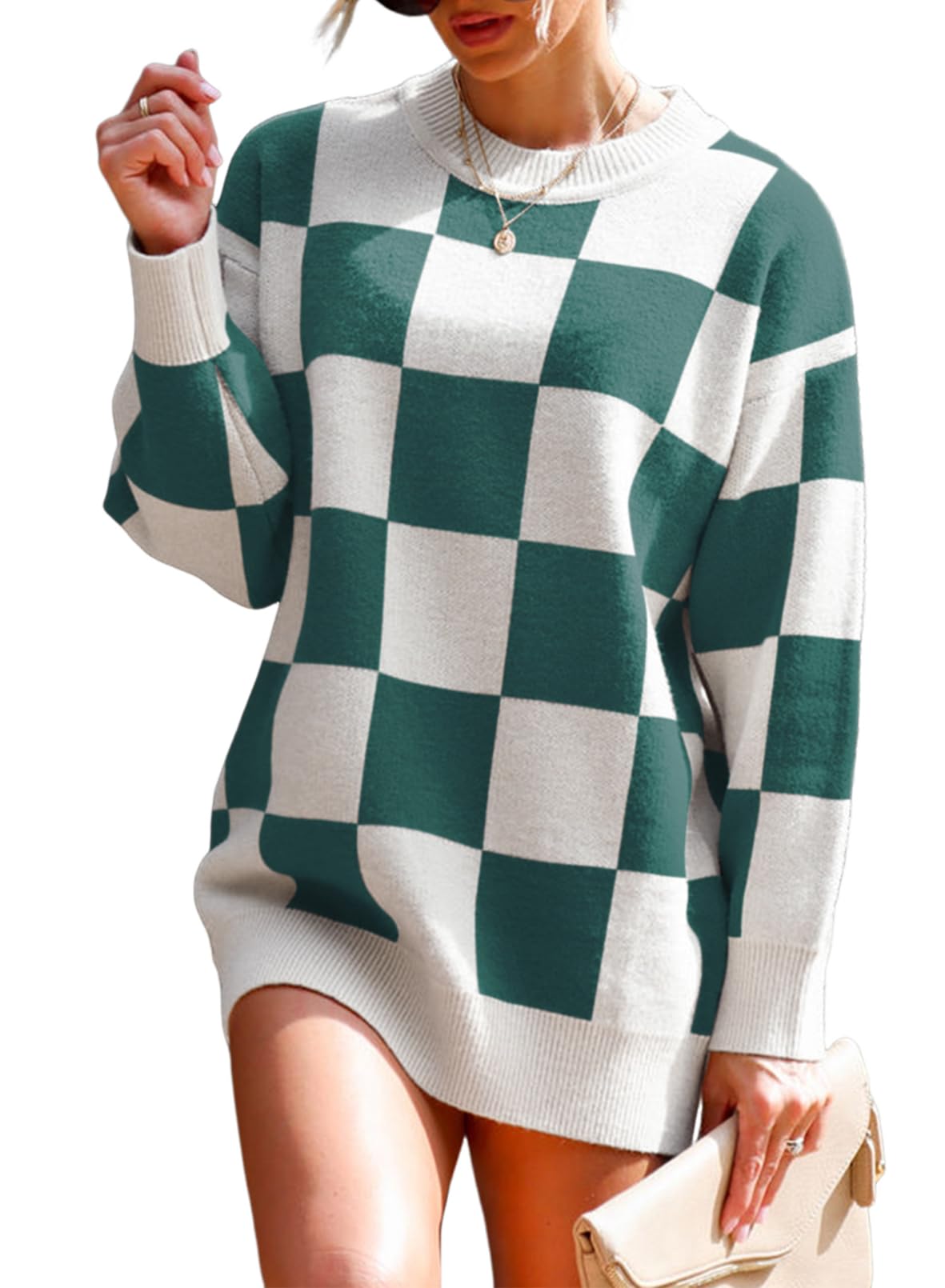 Photo 1 of Dokotoo 2024 Women's Round Neck Checkered Long Sleeve Color Block Cable Knit Pullover Sweaters Casual Fall Winter Sweater Dress for Ladies Sexy Trendy Soft Lightweight Jumpers Tops Green X-Large