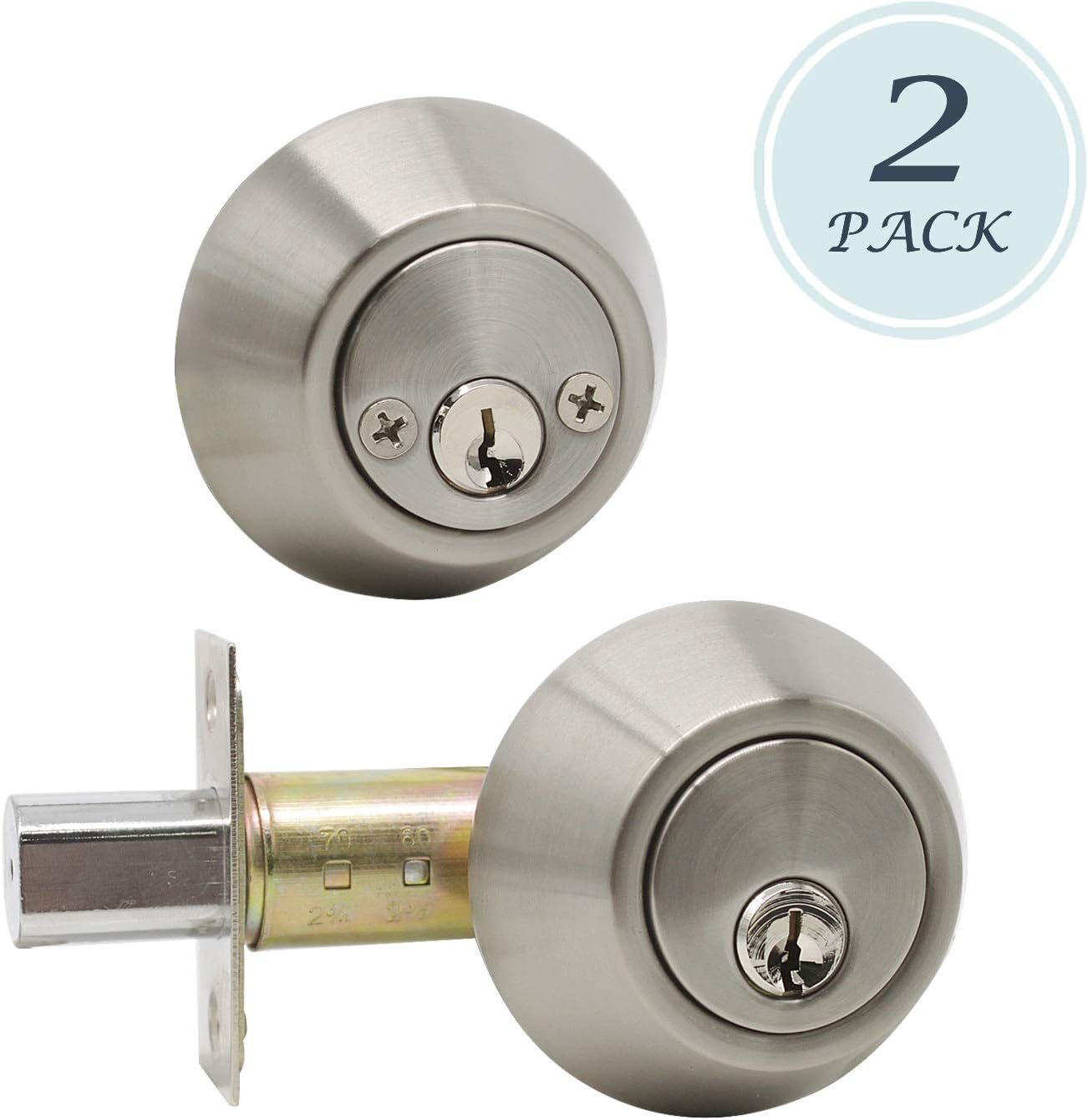 2 Pack Round Deadbolt Security Door Lock with Key Double Cylinder