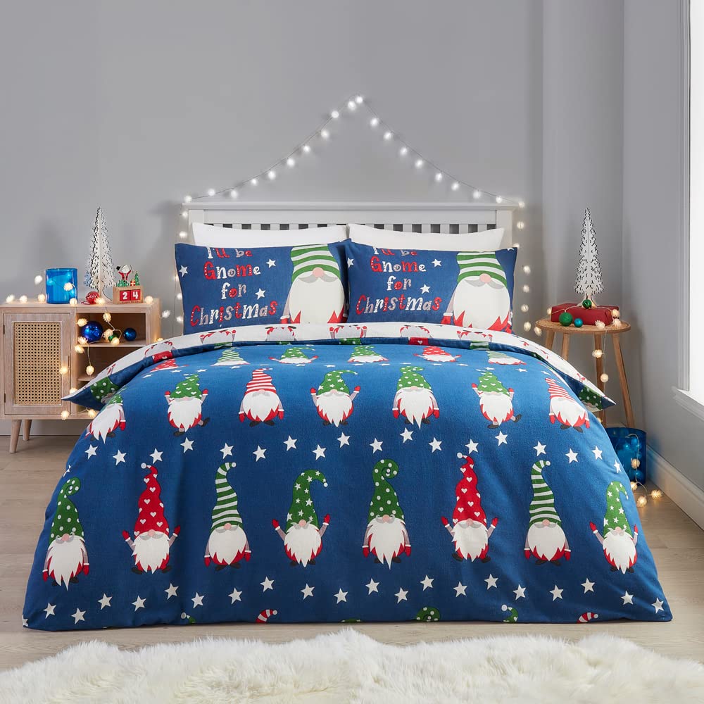 Fusion Navy Blue Christmas Gonk Duvet Cover Set – Double Size (200 x 200cm) – 100% Cotton – Reversible Festive Bedding – 2 Pillowcases Included – Christmas Gnome Quilt Cover – Winter Bed Set