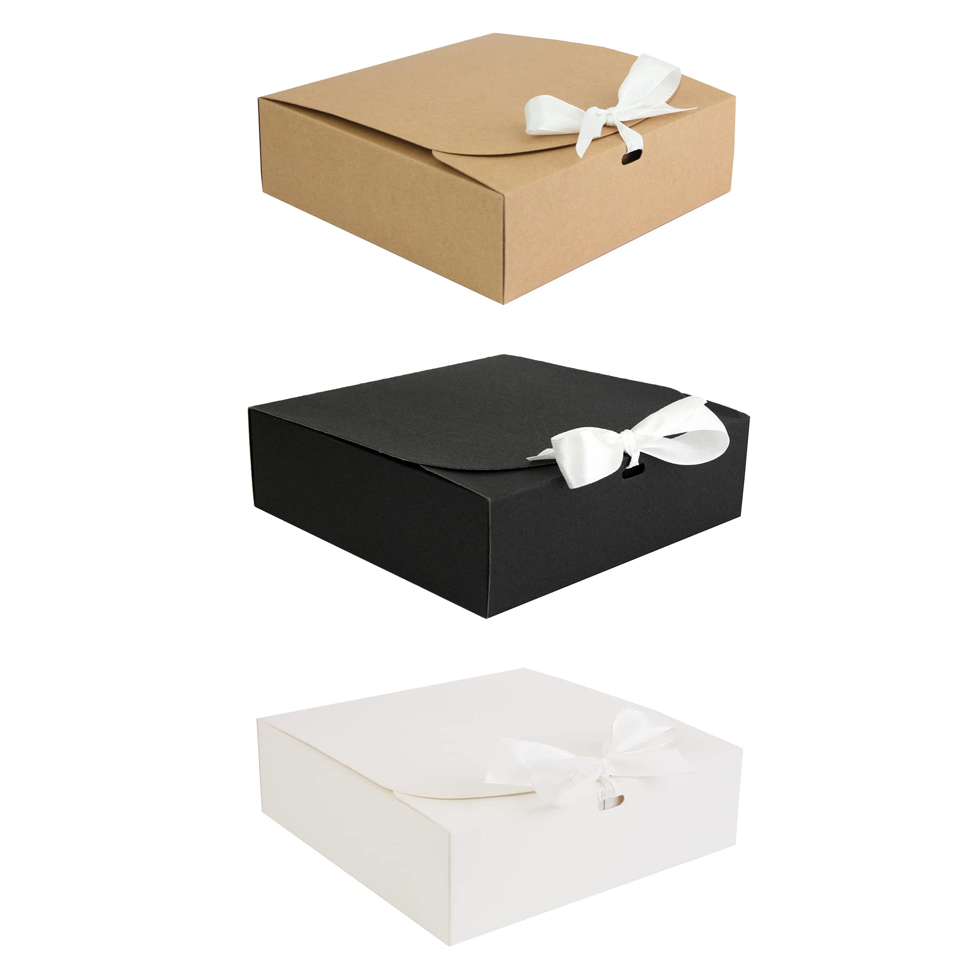 Emartbuy Pack of 12 Gift Boxes, 16.5 cm x 16.5 cm x 5 cm, Easy Assembly, White, Brown and Black Kraft Box with Ivory Bow Ribbon