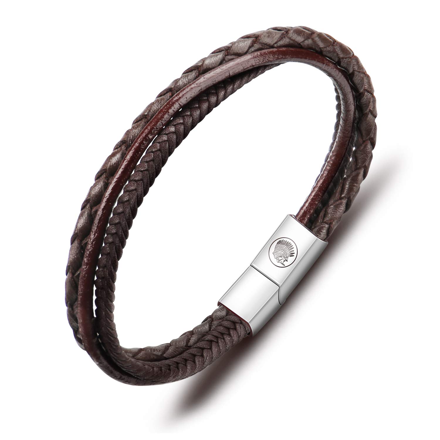 Casisto.J Mens Leather Bracelet – Classic Handmade Braided Black & Brown Cuff Bracelet with Engraved Magnetic Clasp Free Jewelry Gift Boxed