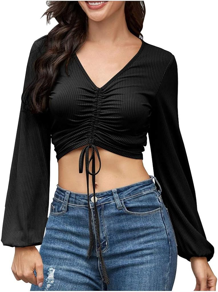 Women's Solid Drawstring Crop Tops Long Sleeved VNeck Camisole Amazon