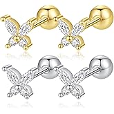 2 Pairs Tiny Crystal Butterfly Stud Earrings for Women Cubic Zirconia Cartilage Screw Back Earring Tragus Piercing Studs Jewelry Dainty Present